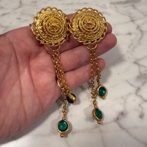 JBW Just The Right Thing Gold Plated Green Cab Chain Dangle Clip On Earrings